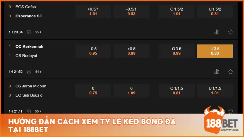 Tỷ lệ kèo nhà cái 188BET luôn được cập nhật liên tục, mang đến cơ hội cược hấp dẫn cho người chơi.