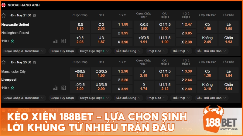 Kèo xiên 188Bet – Lựa chọn sinh lời khủng từ nhiều trận đấu